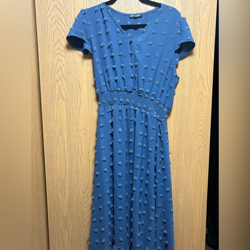 Blue Midi Sundress with Crew Neck and Short Sleeves